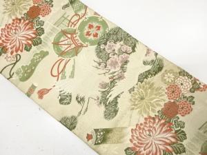 アンティーク　和楽器に松・鶴模様織り出し丸帯（材料）